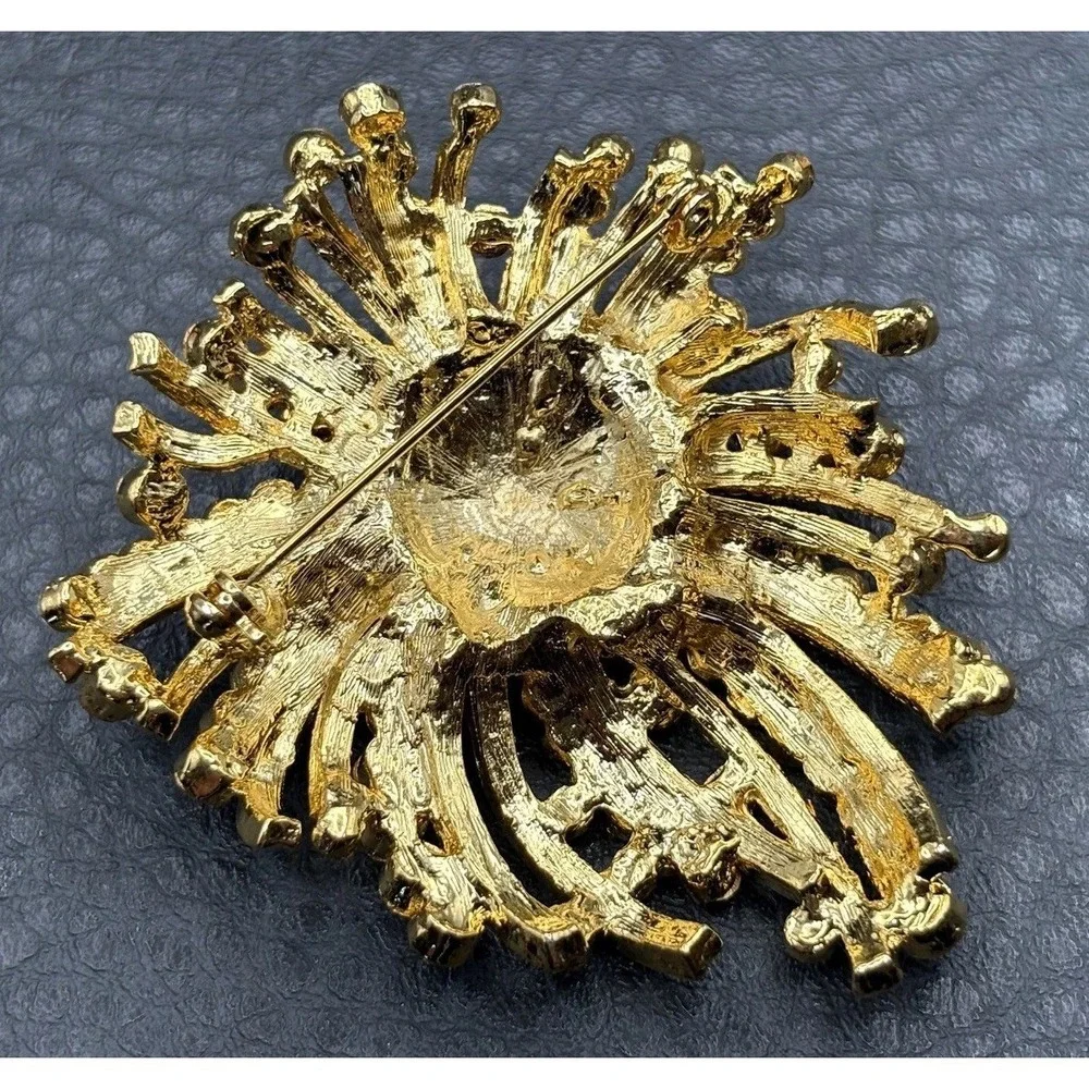 HUGE Aurora Borealis AB Crystal Rhinestone Sunburst Gold Tone Brooch Pin